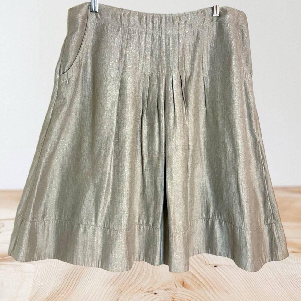 J. JILL Shimmery Pintuck Flared‎ Pleated Skirt Sz 14 Knee Length Pockets Beige